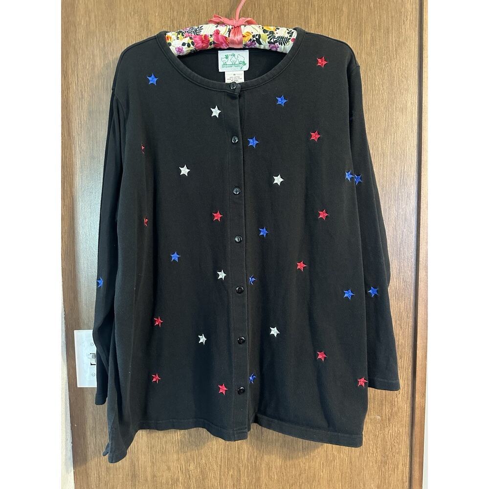 Vintage The Quaker Factory 1x black cardigan embrodiered stars USA 100% cotton